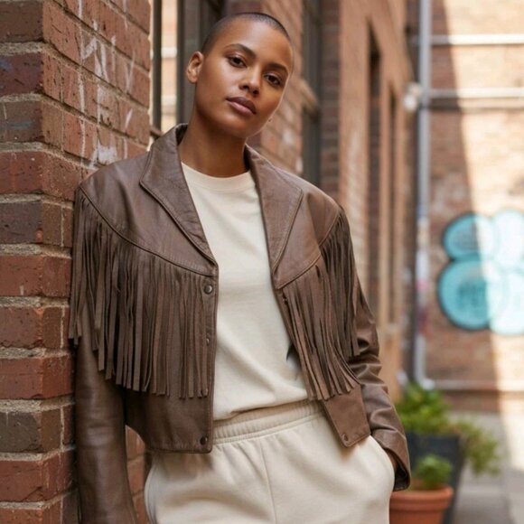 Vintage Western Leather Fringe Jacket Size Lg Cowgirl Cowboy Festival Motorcycle - Picture 2 of 16